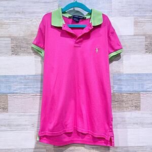 Ralph Lauren Sport Y2K Baby Polo Tee Pink Green Slim Fit Preppy VTG Womens Small